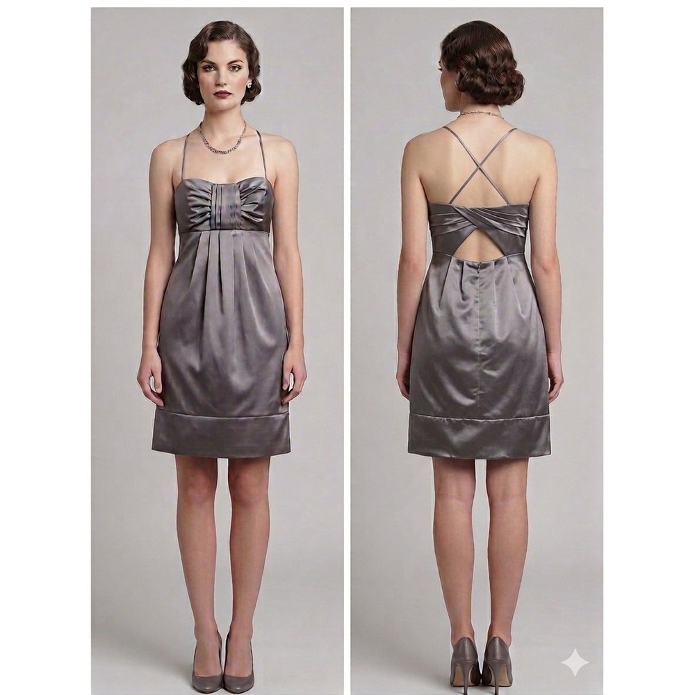 BCBG Paris Gray Satin Pleated Cutout Back Cocktail Dress Sz 10